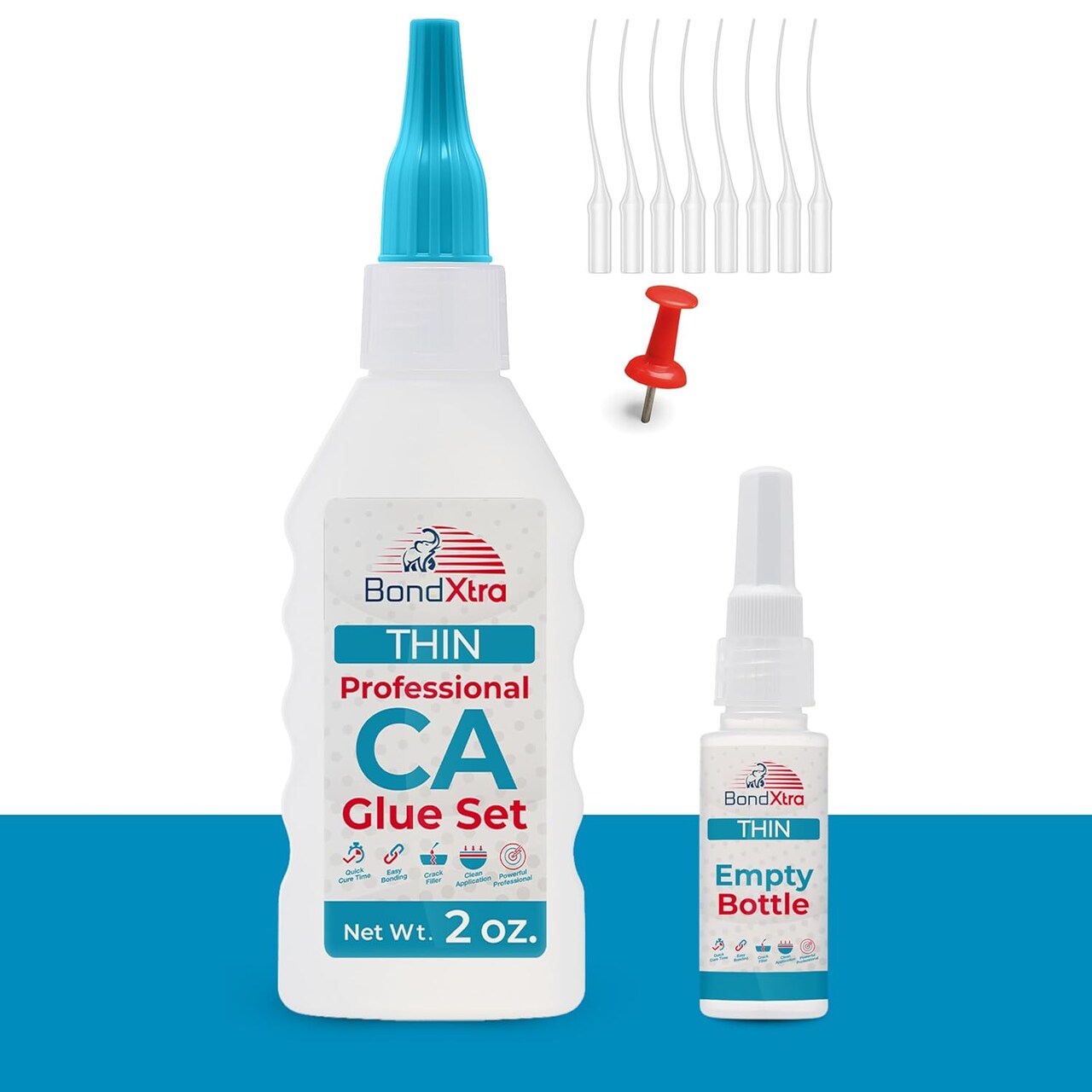 BONDXTRA BXT2 Thin Viscosity CA Glue 2 oz. Set – Premium Super Glue Kit for Woodworking, Crafts & DIY, Fast-Drying, Clear Cyanoacrylate Adhesive with Microtips